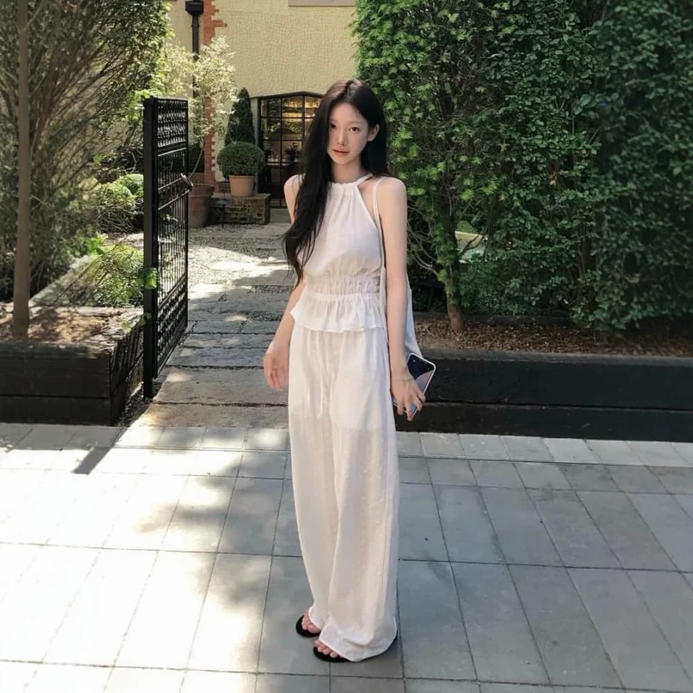 Re-order: Blogger sodaaam's same style halter neck tie-front ruffled gathered slim-fit cami high-waist wide-leg pants set