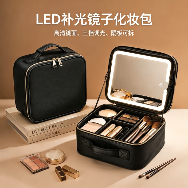LED Light Strip Mirror Tool Kit Makeup Artist Professional Makeup Case On-the-Go Tattoo Portable Handheld Makeup Storage Bag