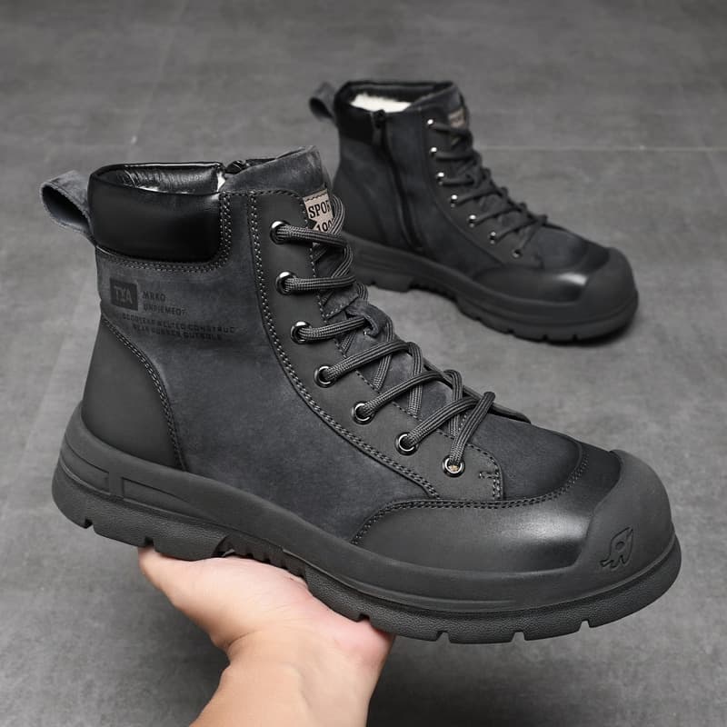 Autumn Winter Martin Boots Men Genuine Leather Short Boots British Wool Lining Trendy Mid-High Top Men's Shoes Fur Lined