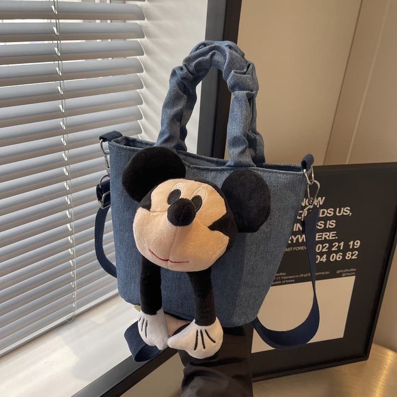 Fashionable and cute Mickey portable bucket bag for women 2024 new niche fashionable messenger bag denim canvas small bag