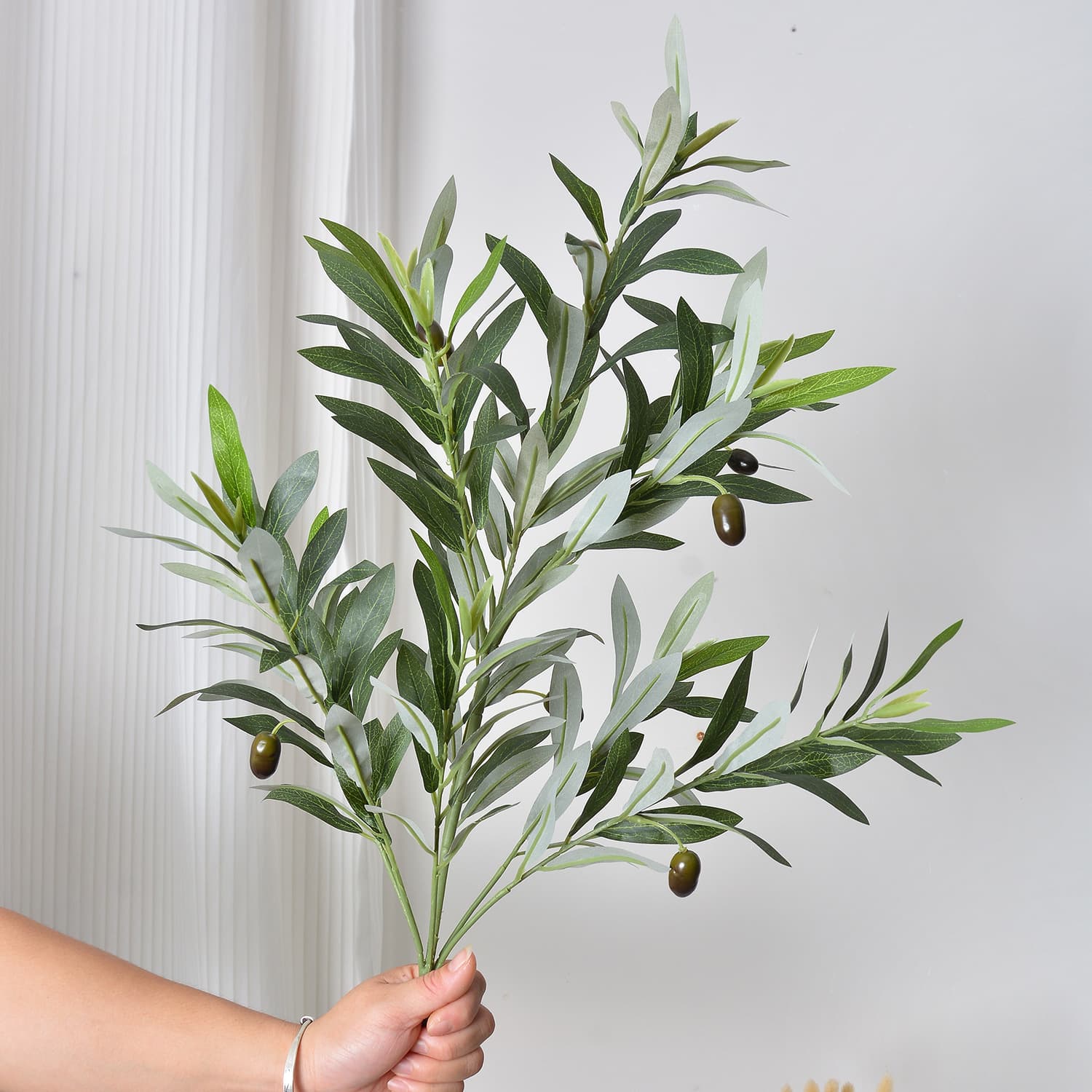 Artificial Olive Branch with Fruit, 4/6/11 Branches Integrated, Green Silk Fabric Leaves