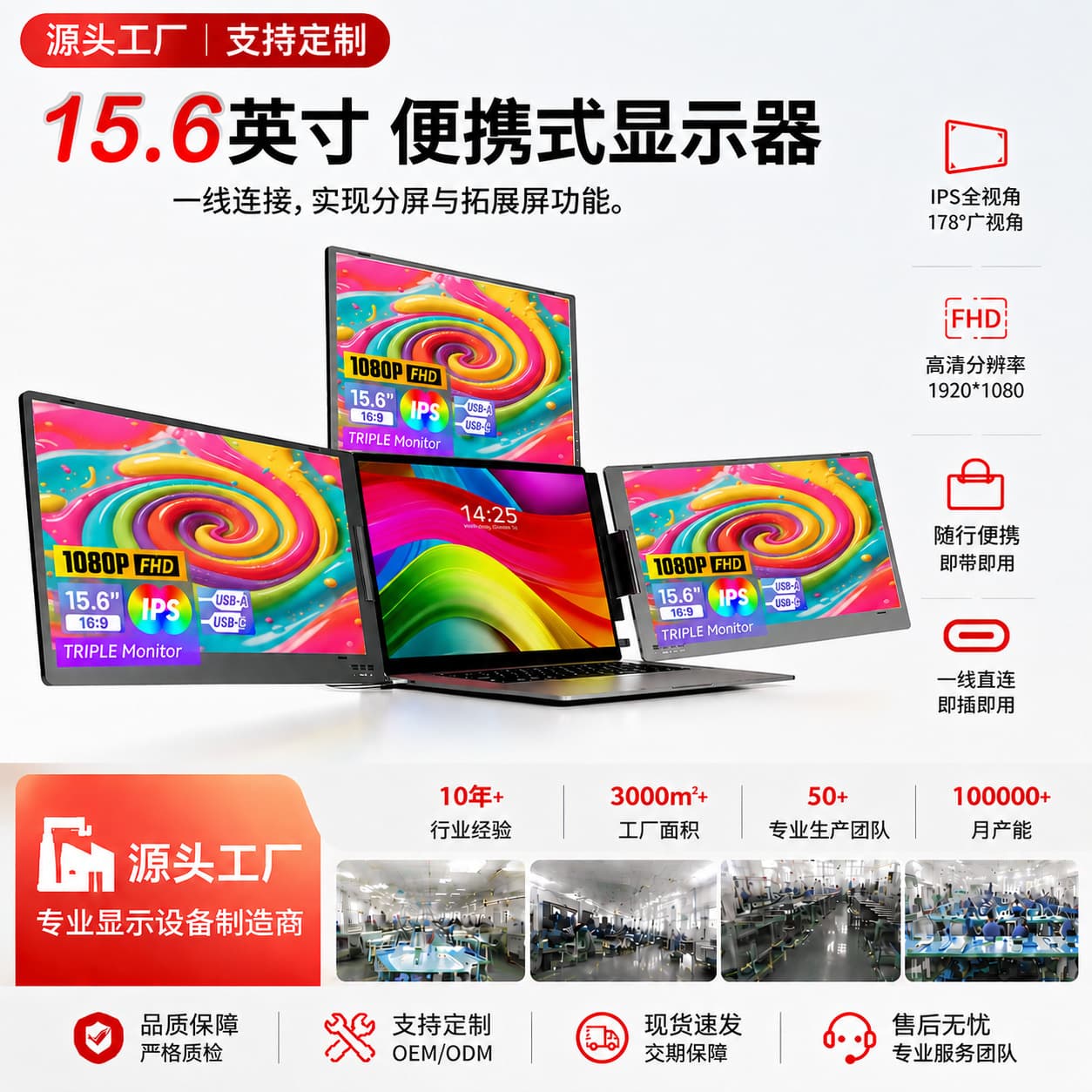 15.6-inch Portable Triple Monitor Type-C One-Cable Connection Laptop Stock Trading Multi-Screen Secondary Extended Display