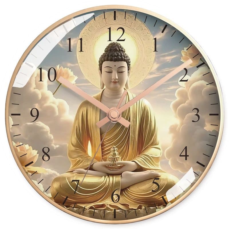 Buddha Round Zen Wall Clock with Hole-Punched Design, Silent Home Clock for Living Room and Bedroom, Quartz Clock