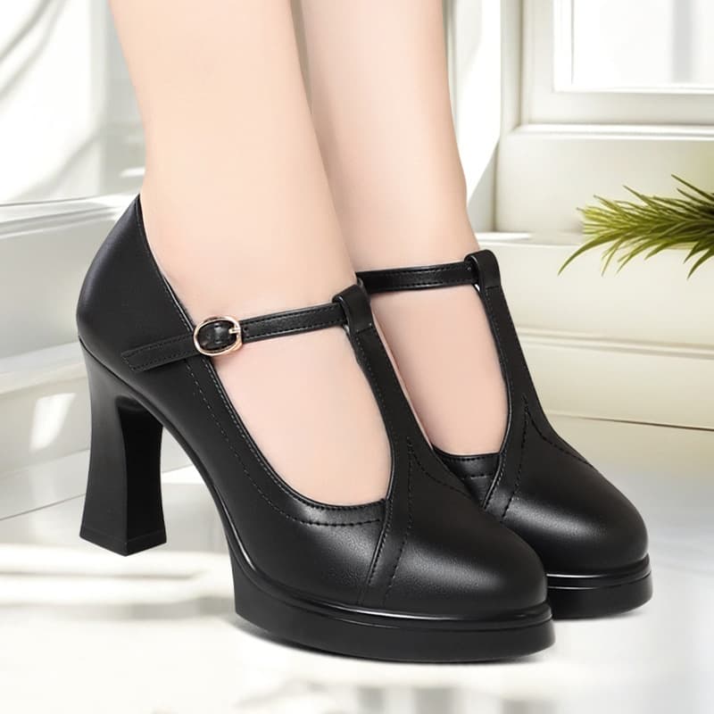 New Round Toe Women's Shoes Chunky Heel Comfort Buckle Pumps Elegant Fashion Shallow Mouth Single Shoes for Cheongsam Women Runway Shoes