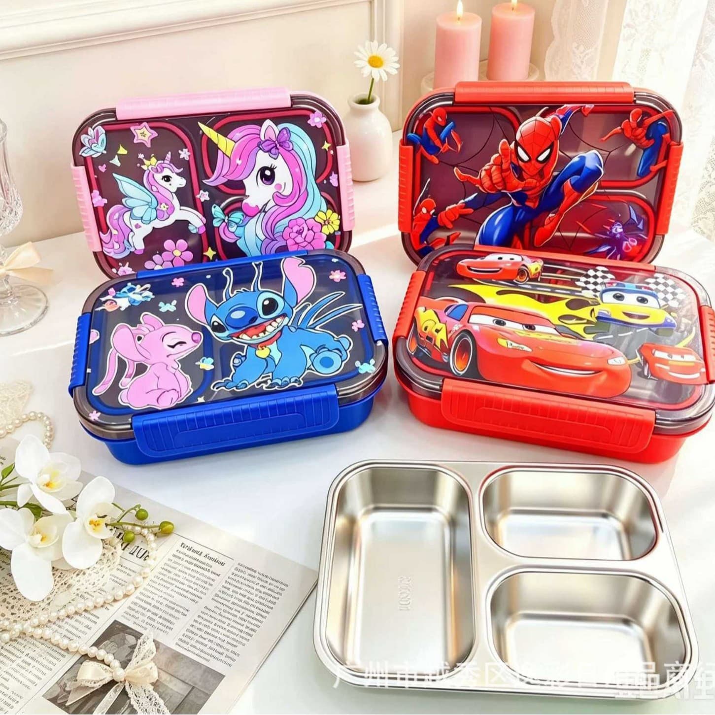 New Cartoon Stainless Steel 3-Compartment Lunch Box Cute High-Appearance Portable Sealed Leak-Proof Bento Box for Students and Office Workers