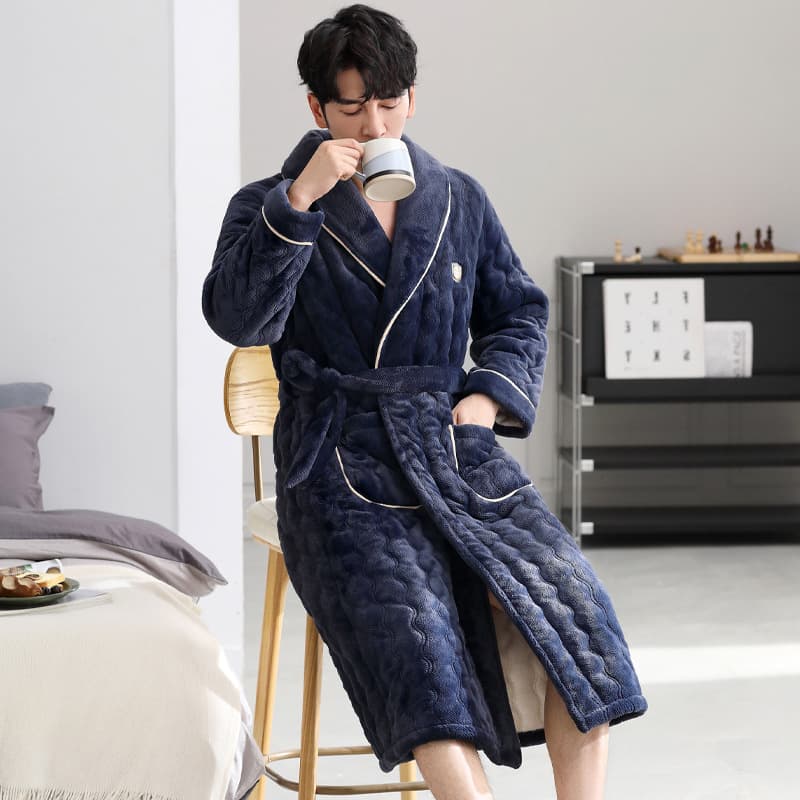 2023 new sleep robe men's winter coral fleece padded jacket pajamas, three-layer thickened warm fleece bathrobe bathwear