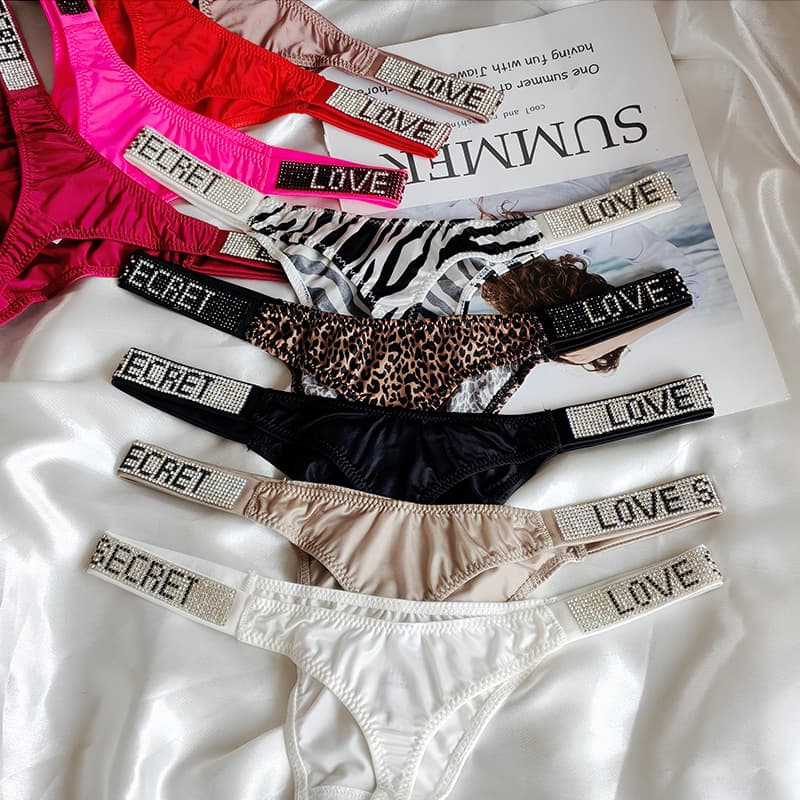 European and American Sexy Sparkly Rhinestone Letter Thong Women Sports Wear Fashion Bikini T-Back Leopard Print G-String