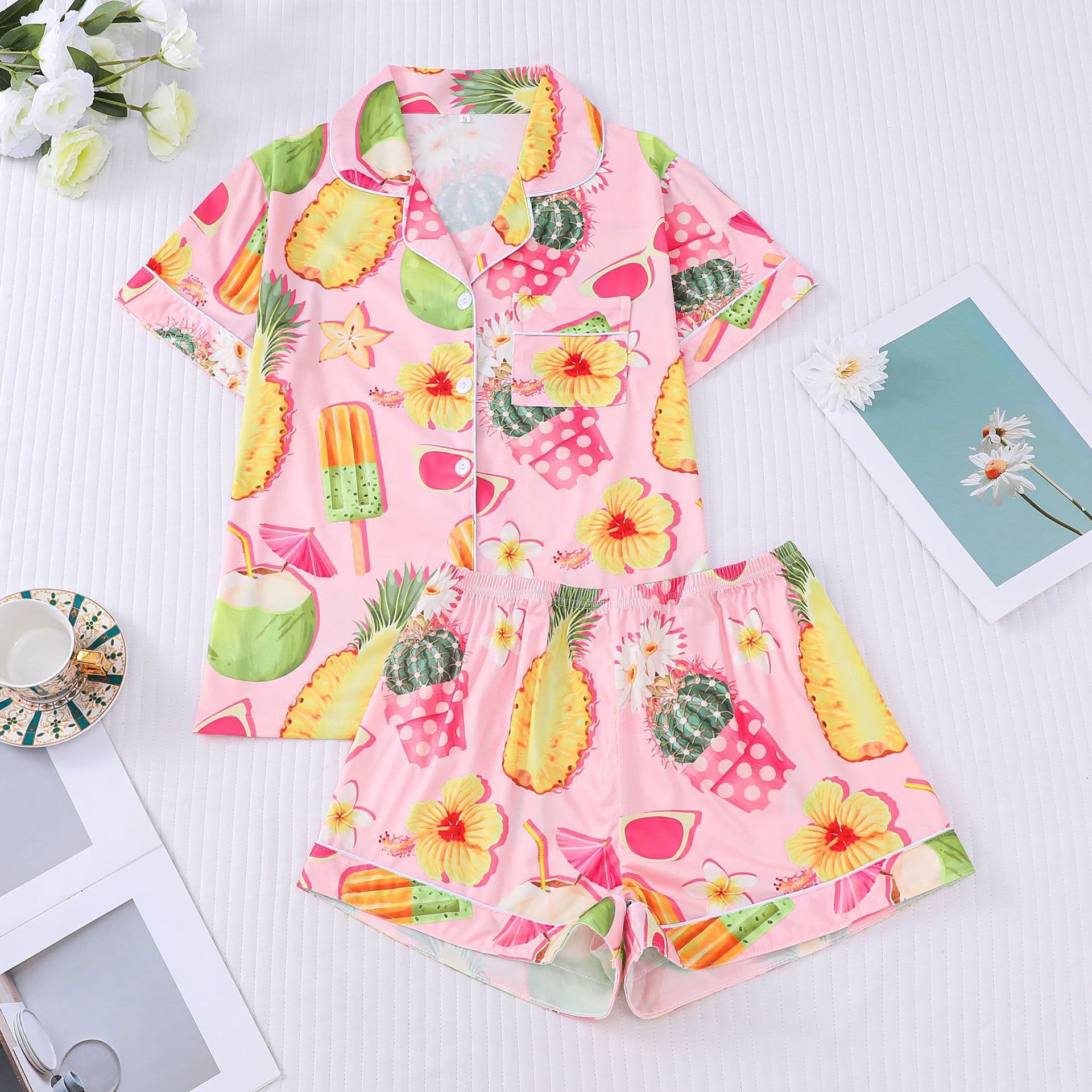 2025 Cross-border European and American Women's Pajamas Printed Turn-down Collar Short Sleeve Shorts Homewear womens pajamas