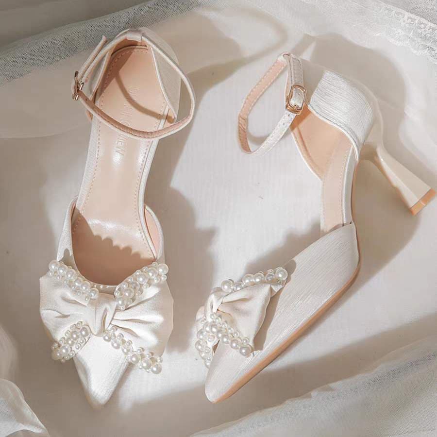 French Kitten Heel Shoes for Women Designer Pearl Bow 2025 New High Heels Sandals