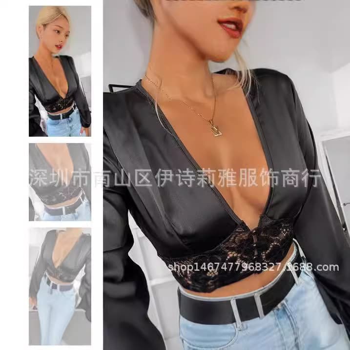 (Limited time clearance) Amazon ebay European and American autumn sexy long-sleeved deep V-neck lace splicing top