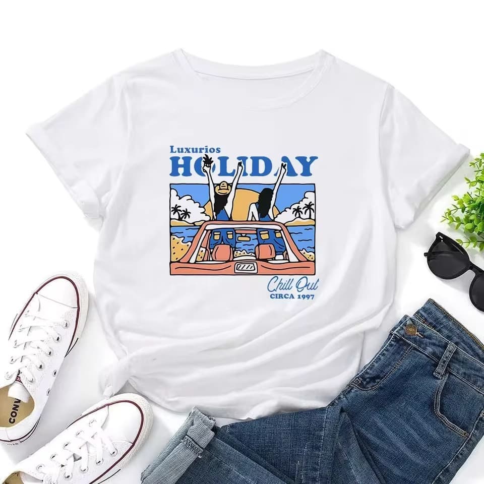 Retro American Holiday Short Sleeve T-Shirt Women's T-Shirt Summer Small Chic Top White Summer Korean T-Shirt Fashion in