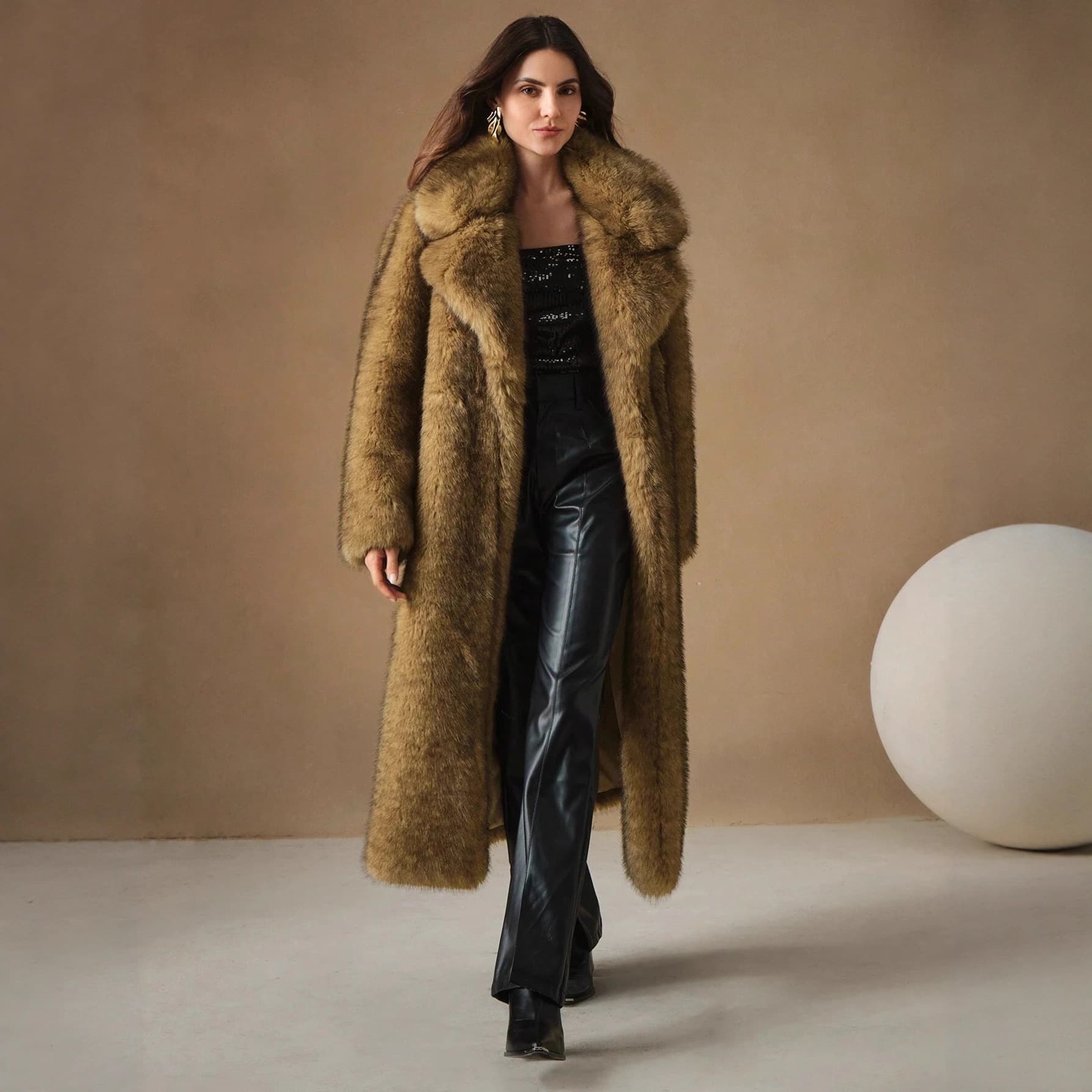 Cross-Border European and American Autumn/Winter Women's Extra Long Faux Fur Suit Collar Coat Outerwear Artificial Fur Faux Fur Top