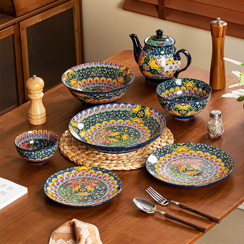 Cross-Border Bohemian Dinnerware Set: Vintage Home Large Plate, Ethnic Pitcher, Salad Bowl Set