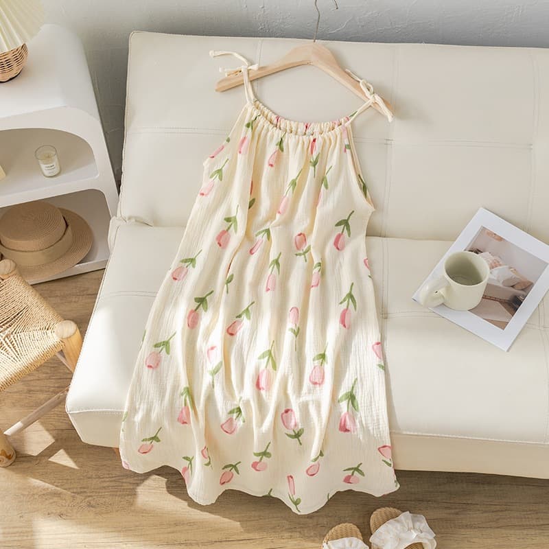 Women's Summer Cotton Gauze Camisole Nightgown 100% Cotton Cute Midi Loungewear Korean Style Sleep Dress