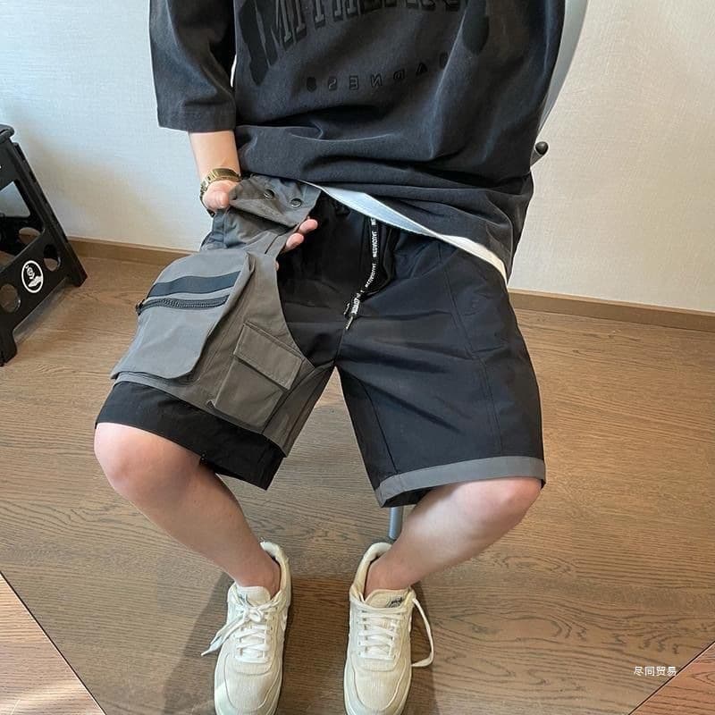 Men's shorts to wear outside summer quick-drying breathable black and gray splicing versatile pocket cargo pants loose casual pants