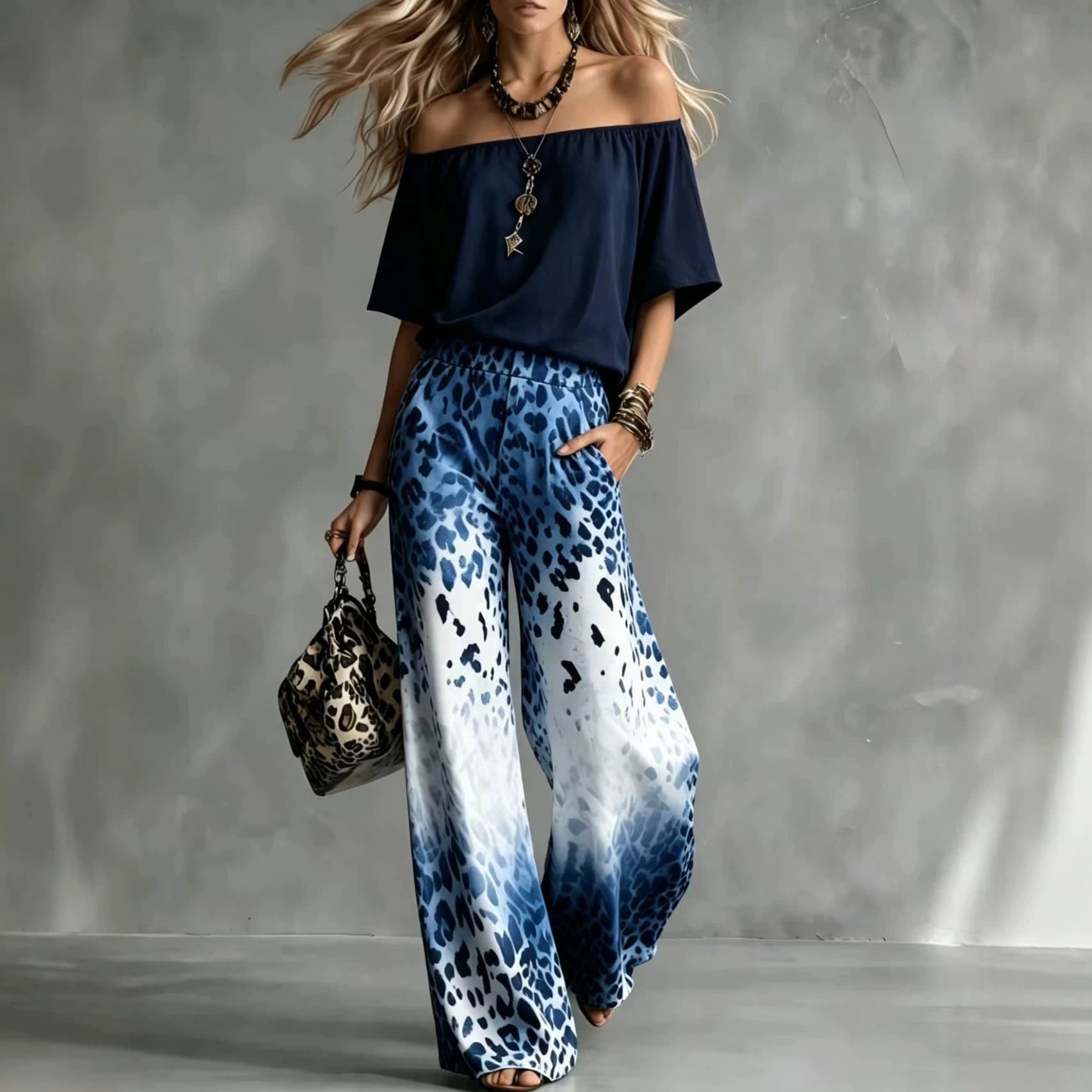 Summer New Off-Shoulder Top Leopard Print Gradient Wide Leg Pants Set European and American Vacation Two-Piece Set for Women