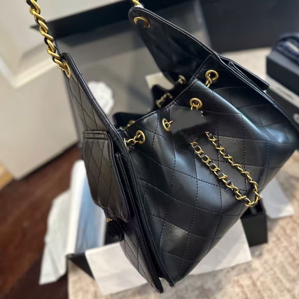 25C Small Hobo Underarm Bag Diamond Quilted Black Gold Small Size Hip Hop Bag Genuine Leather Cowhide Handheld Shoulder Crossbody Bag