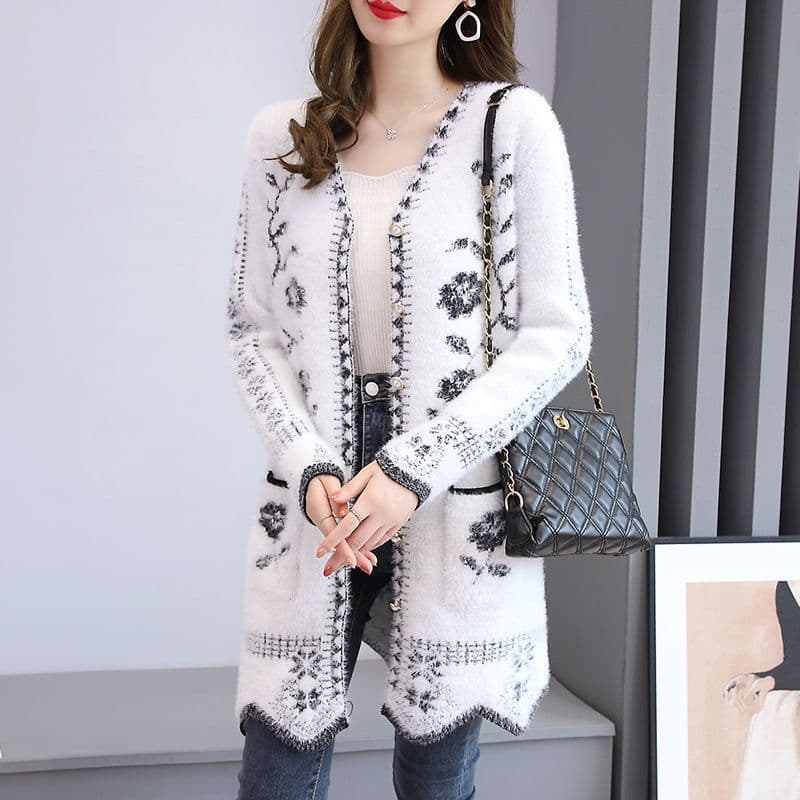 Autumn Knitted Cardigan Women Mid-Length Sweater Coat 2025 New Fashionable Jacquard Button Loose Casual Sweater