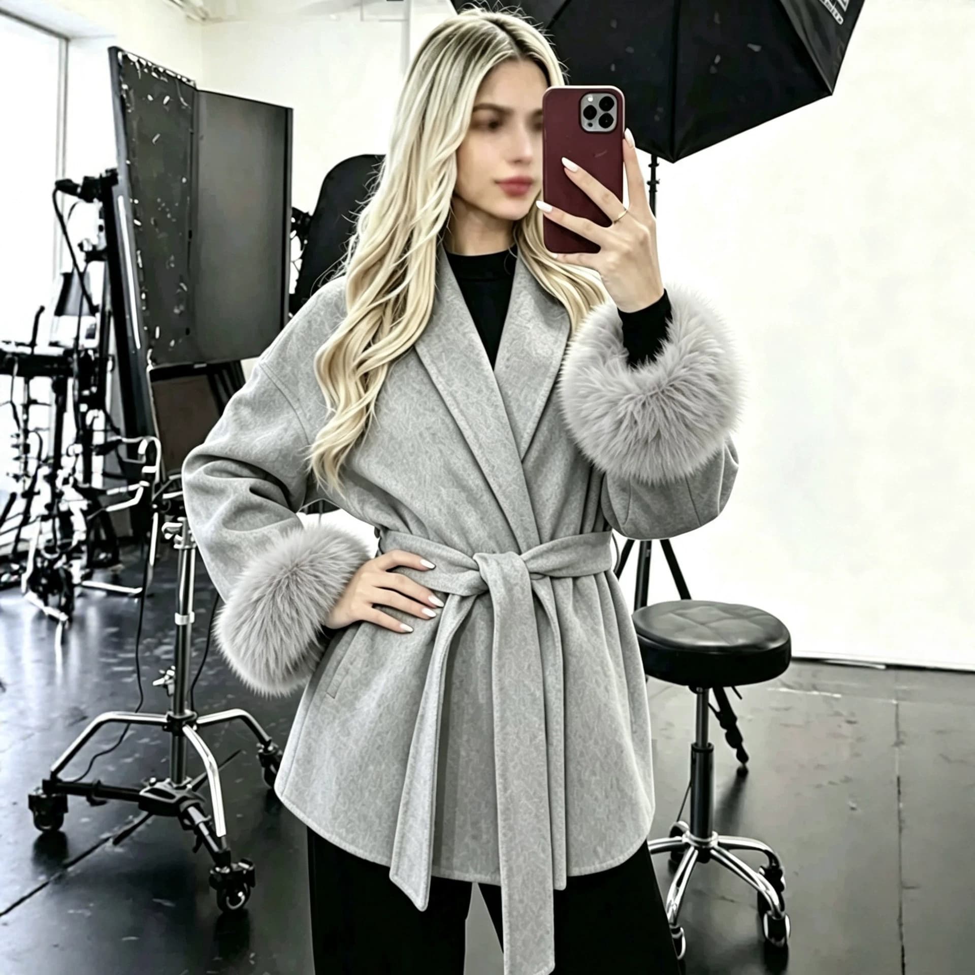 2026 Winter Fox Fur Cuff Stitched Tie-Front Short Wool Coat for Women, Elegant Commuter Overcoat