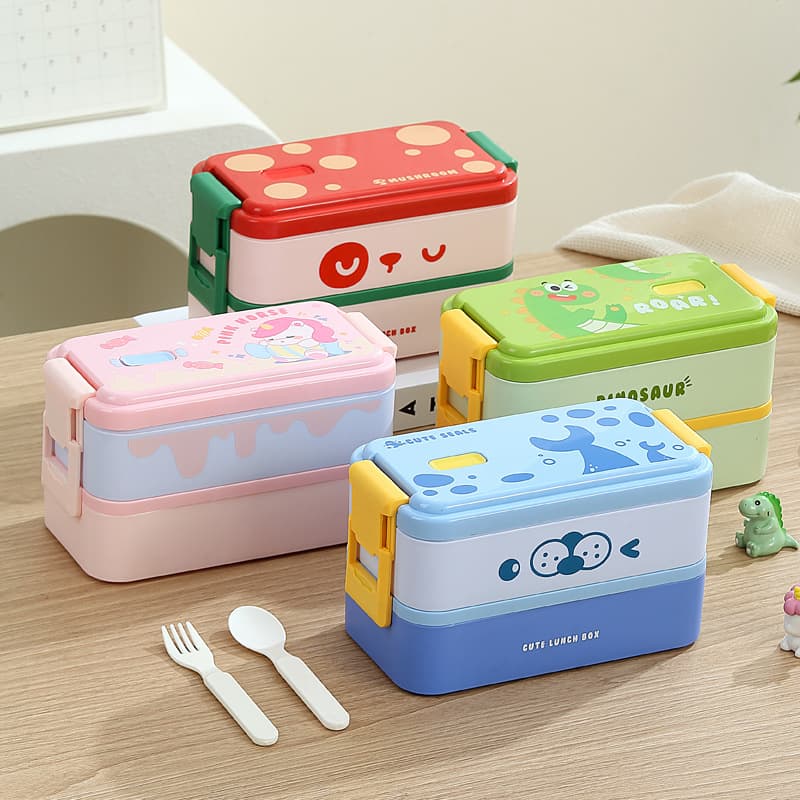 Cartoon children's lunch box, cute divided lunch box, double-layer side buckle lunchbox, portable student lunch box, fork and spoon