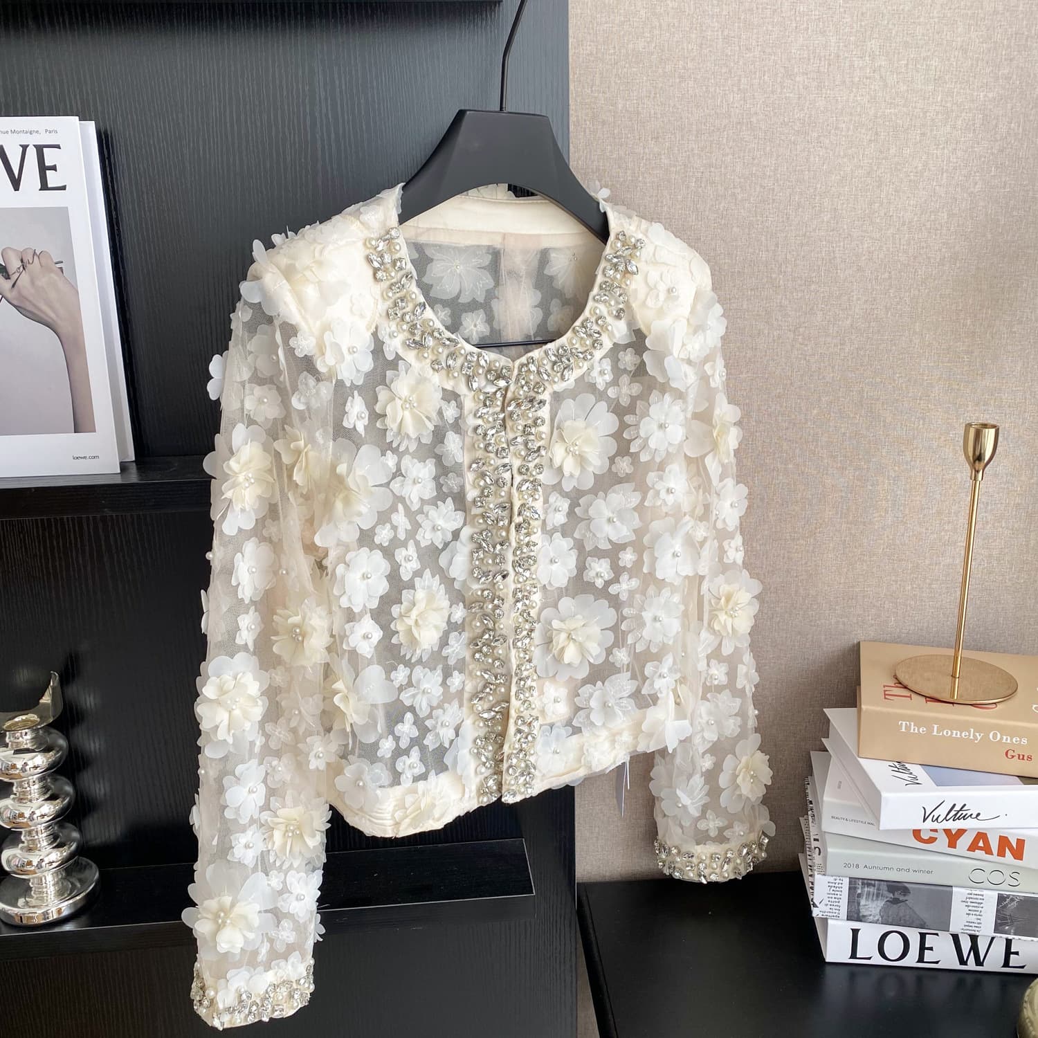 Selected Chic Style Heavy-duty Bead and Rhinestone Round Neck Long-sleeve 3D Flower Jacket Luxurious Lady High-end Cardigan