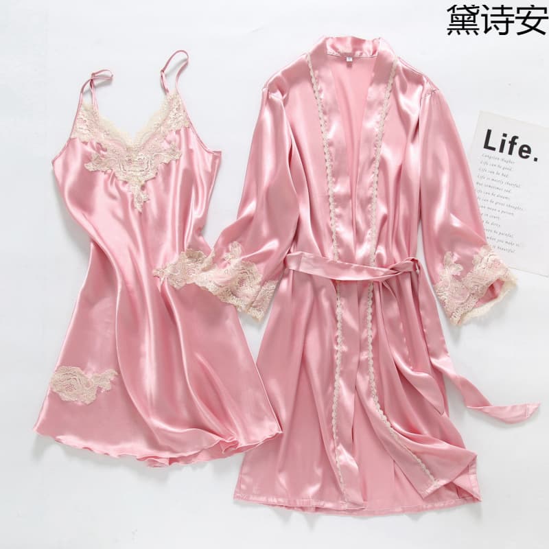 Daishian Women's Pajamas Summer Ice Silk Long Sleeve Bride Morning Robe Set Xiaohongshu Hot Spring Autumn Sexy Lace Home
