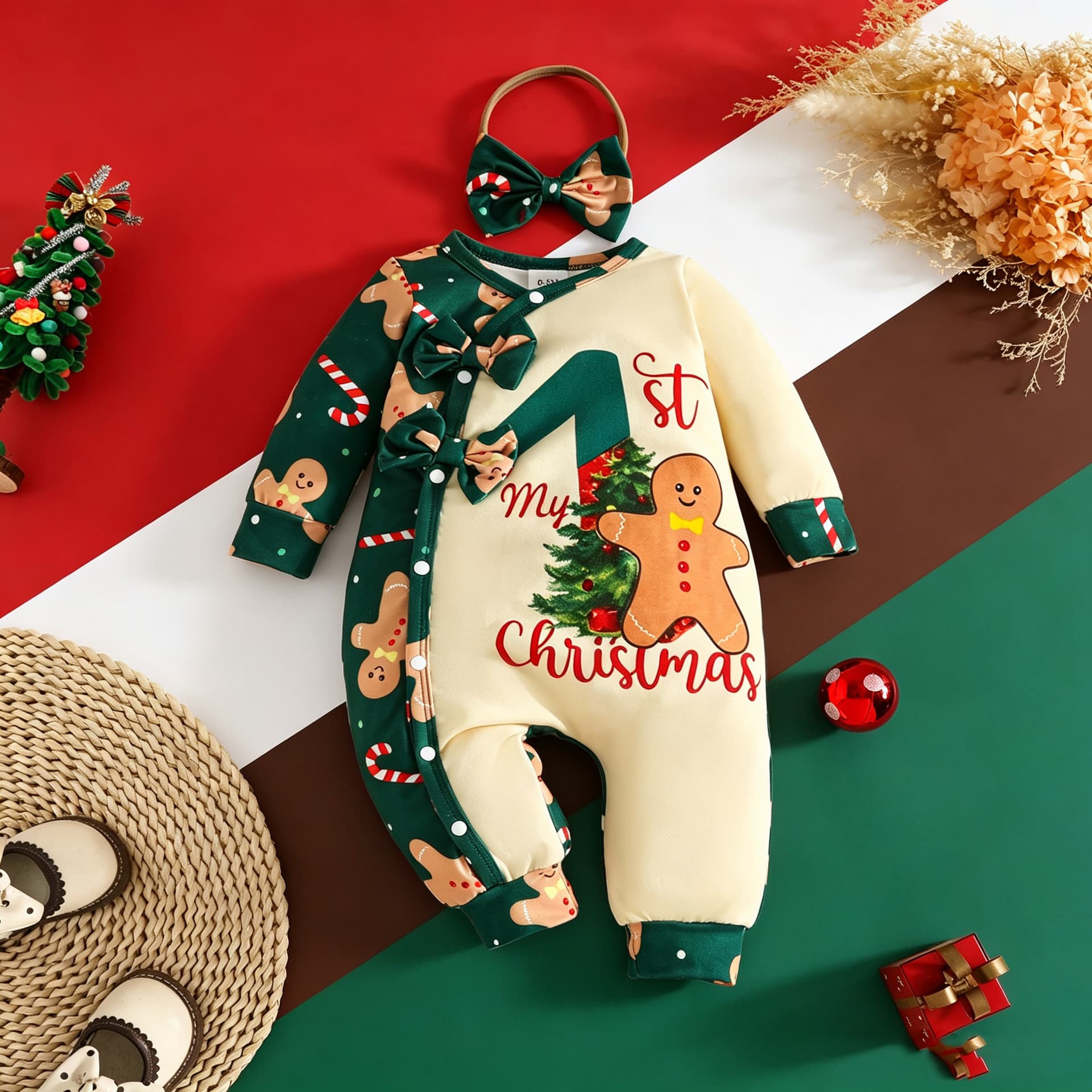 Amazon Christmas Baby Onesie + Hair Tie Long Sleeve Diagonal Button Color Block Romper First Christmas Clothes