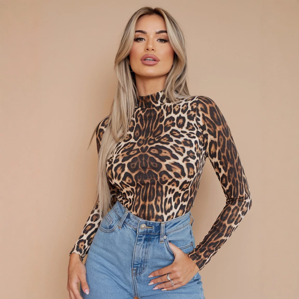 New Women's Fashion Cross-Border Amazon Fall High-Neck Long-Sleeve Sexy Leopard Print Fitted T-Shirt Top