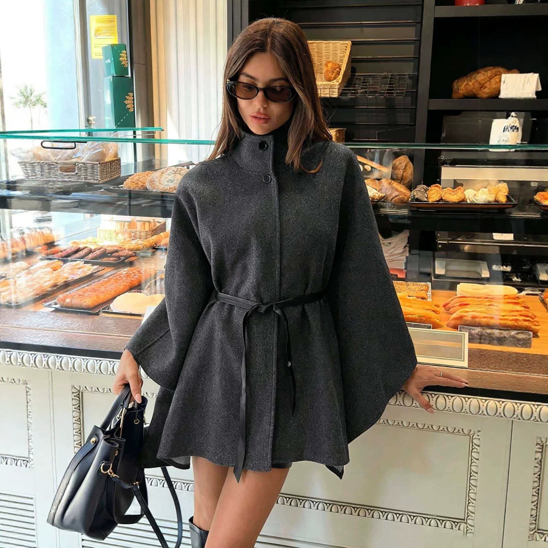 Cross-border wholesale 2026 gray stand-up collar waist cape coat retro wide-sleeved woolen European and American style jacket