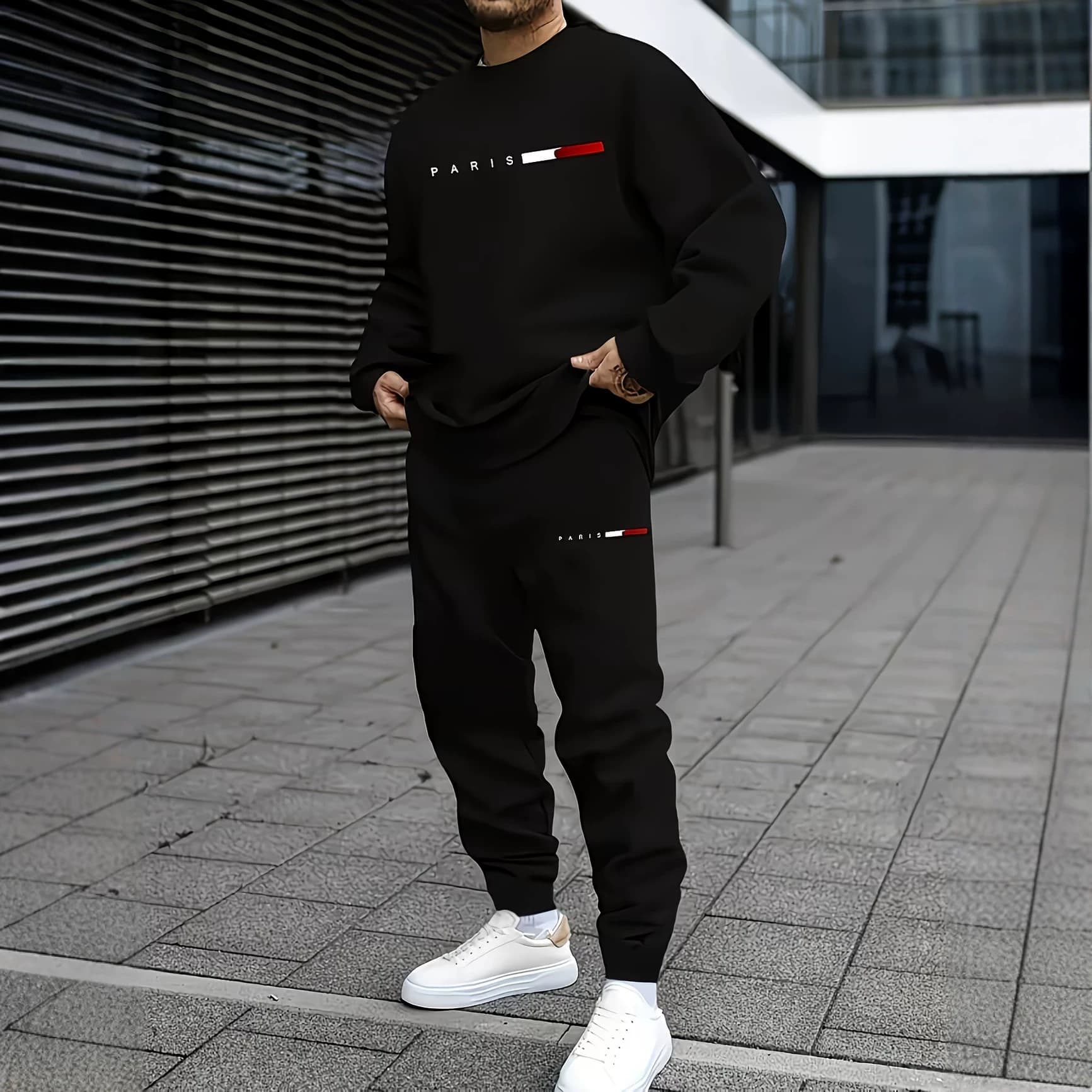 Cross-border men's round neck long-sleeved top and drawstring sports pants 2-piece suit running youth plus size