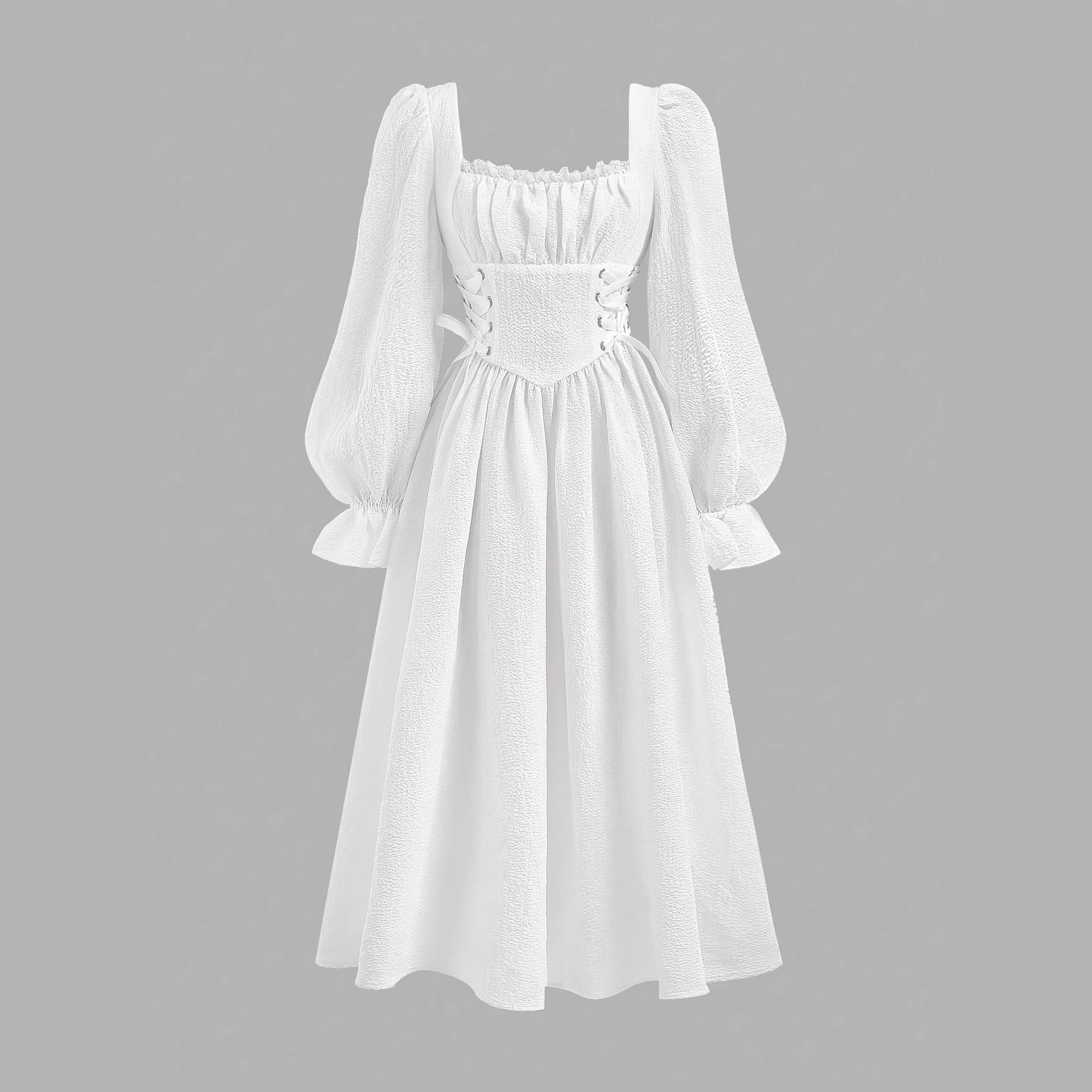 Youth Casual Vacation Square Neck Flared Sleeve Tie Waist Ruffle Bust Retro Dress for Back to School