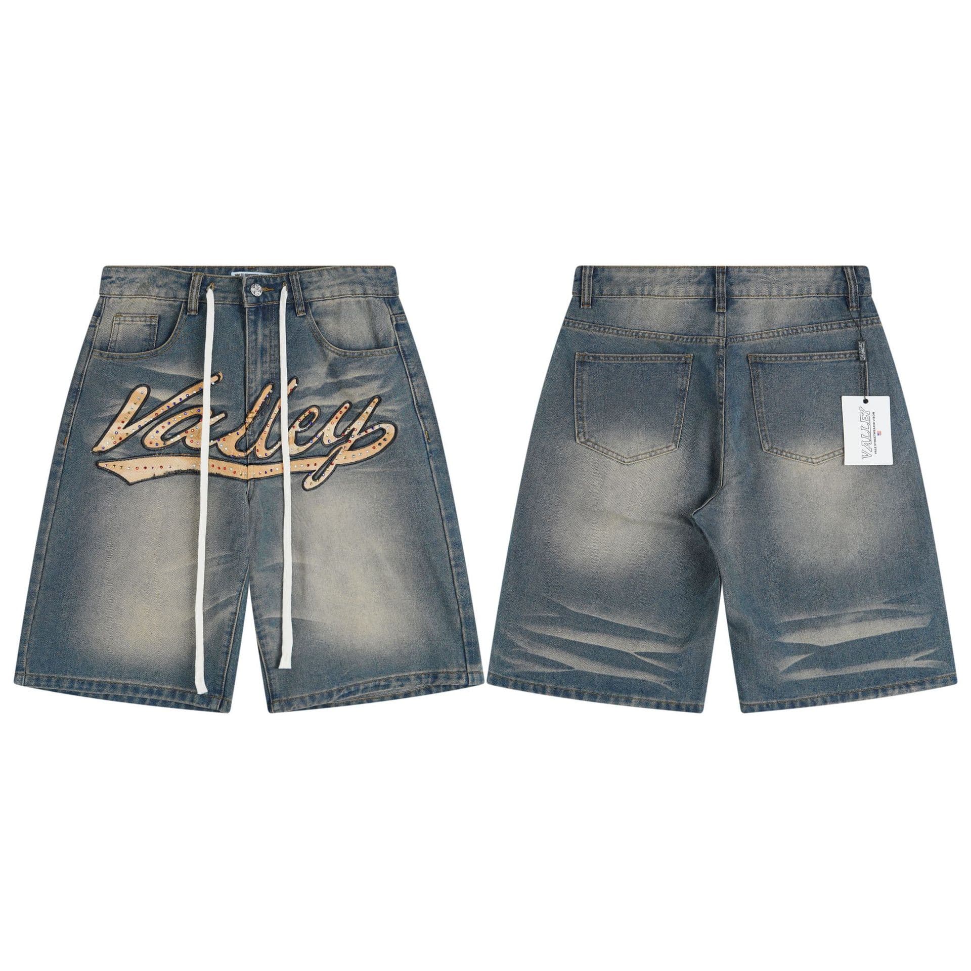 2025 Street Trend American Vale Valley Loose Casual Rhinestone Denim Straight Shorts Cross-Border Trade