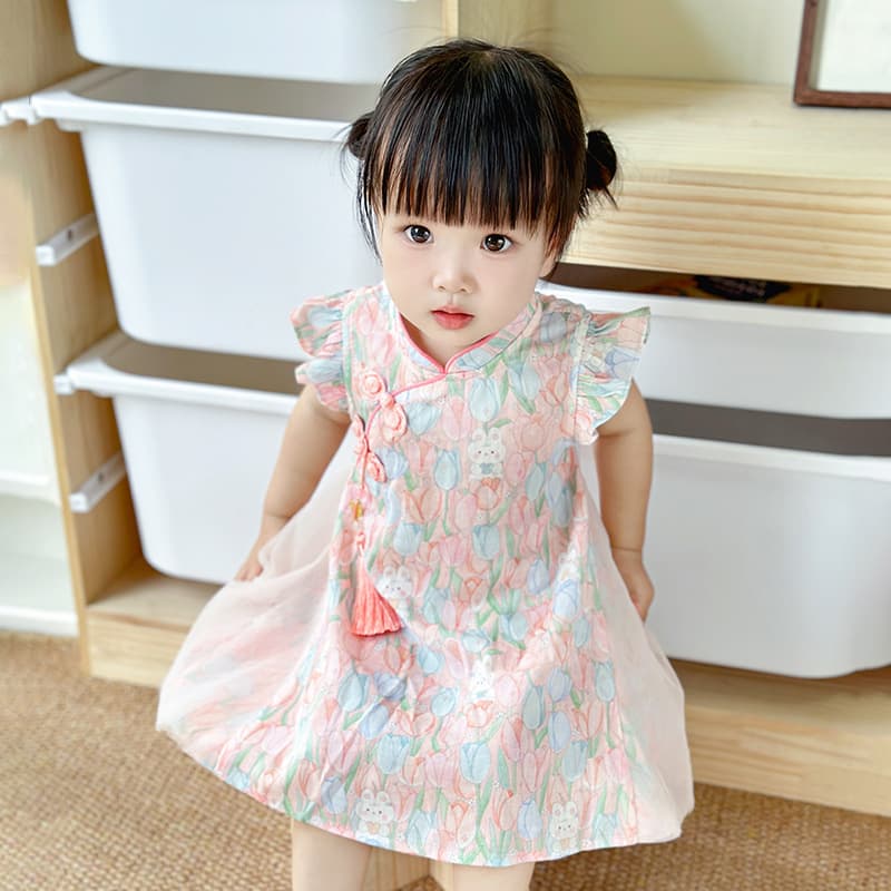 New Chinese Style Baby Girl Dress Summer Thin Cotton Floral Lace Skirt A-Line Princess Skirt for 1-3 Years Old Girls