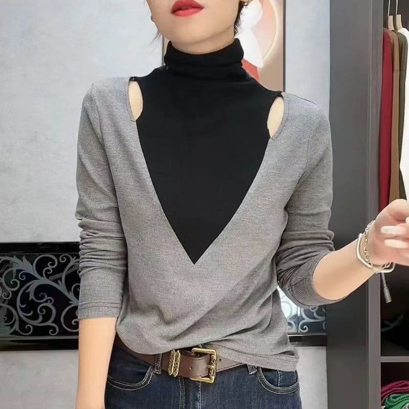 Women's long-sleeved turtleneck T-shirt, new autumn and winter style, fashionable and versatile, with a stylish off-shoulder design, Korean style, slimming top.