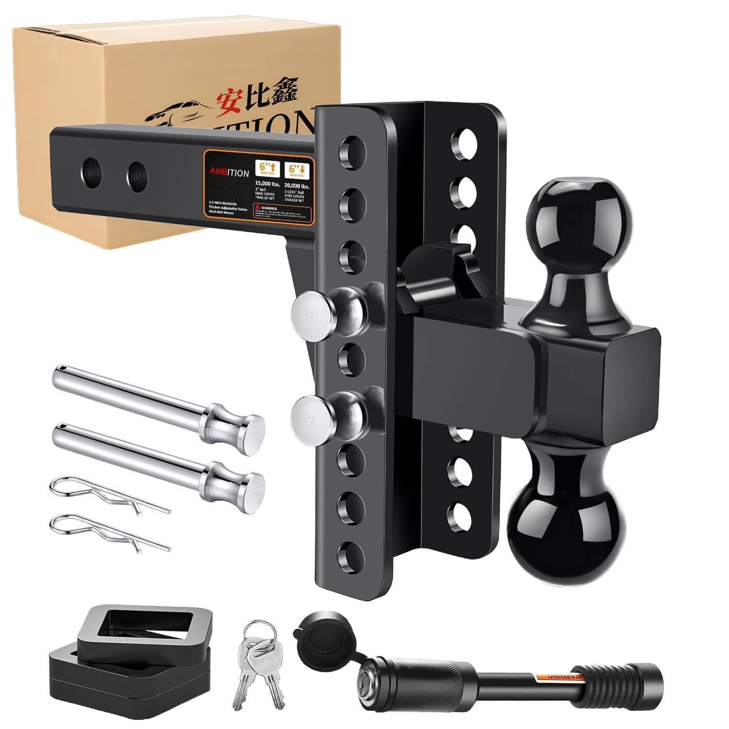 Source Manufacturer Black Carbon Steel Adjustable Tow Hook with 2-Inch Receiver - 6-Inch Drop Tow Bar