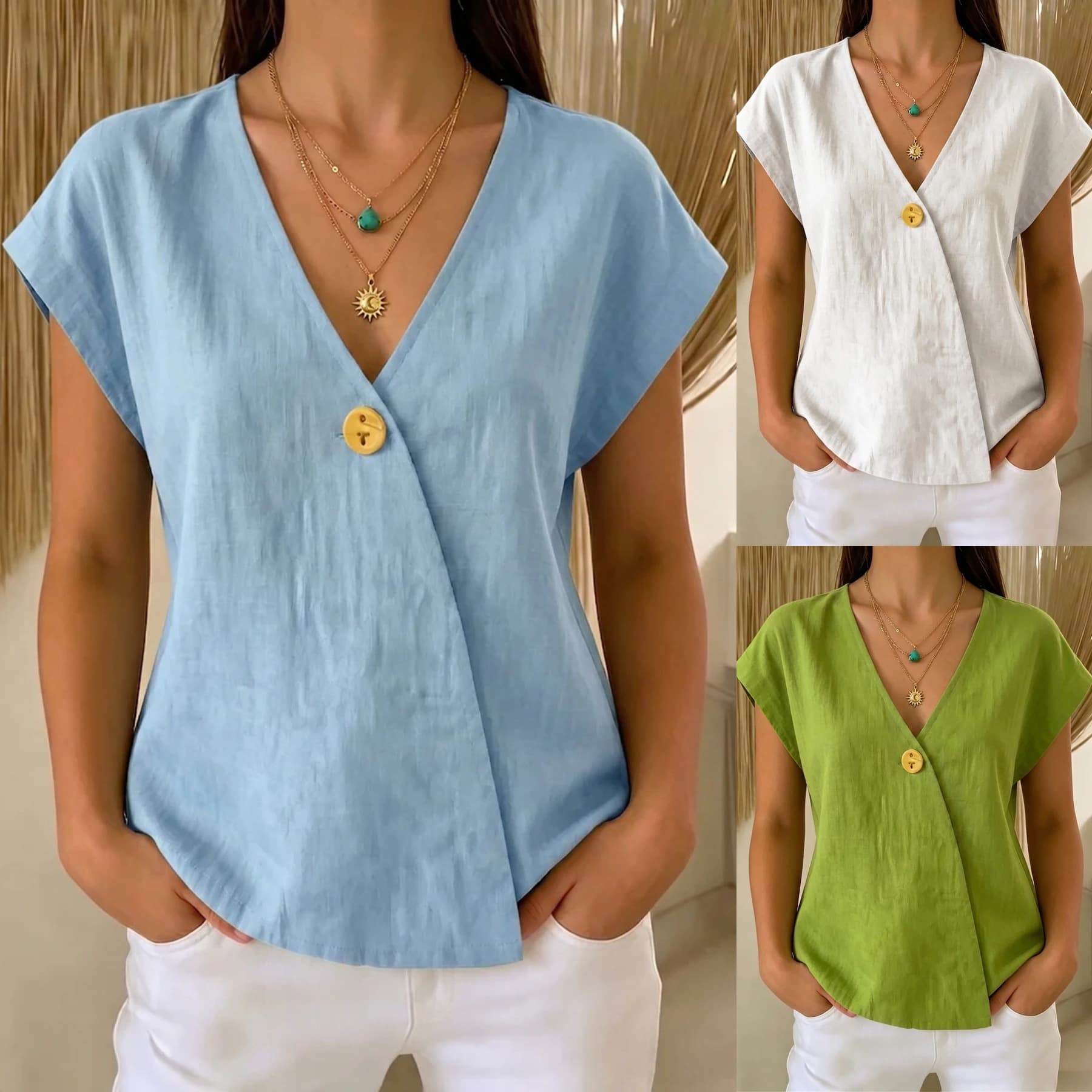 2026 Amazon independent station cross-border European and American summer new loose T-shirt women's V-neck cotton and linen button top