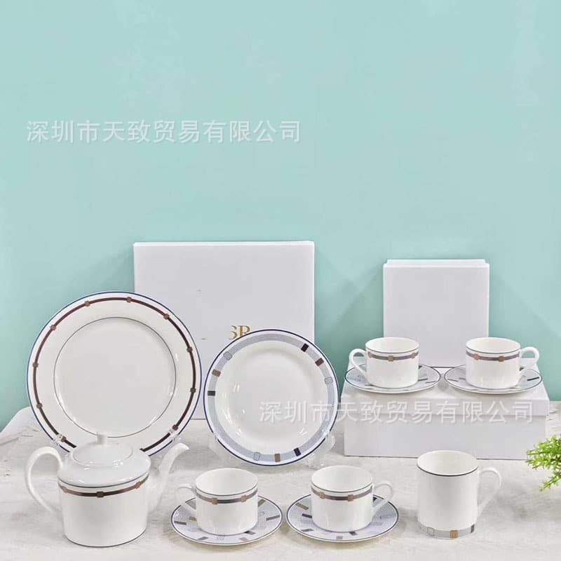 European Style Minimalist Line Bone China Tableware Coffee Pot Cup Saucer Western Plate High-end Gift Cross-border Ceramic Supply