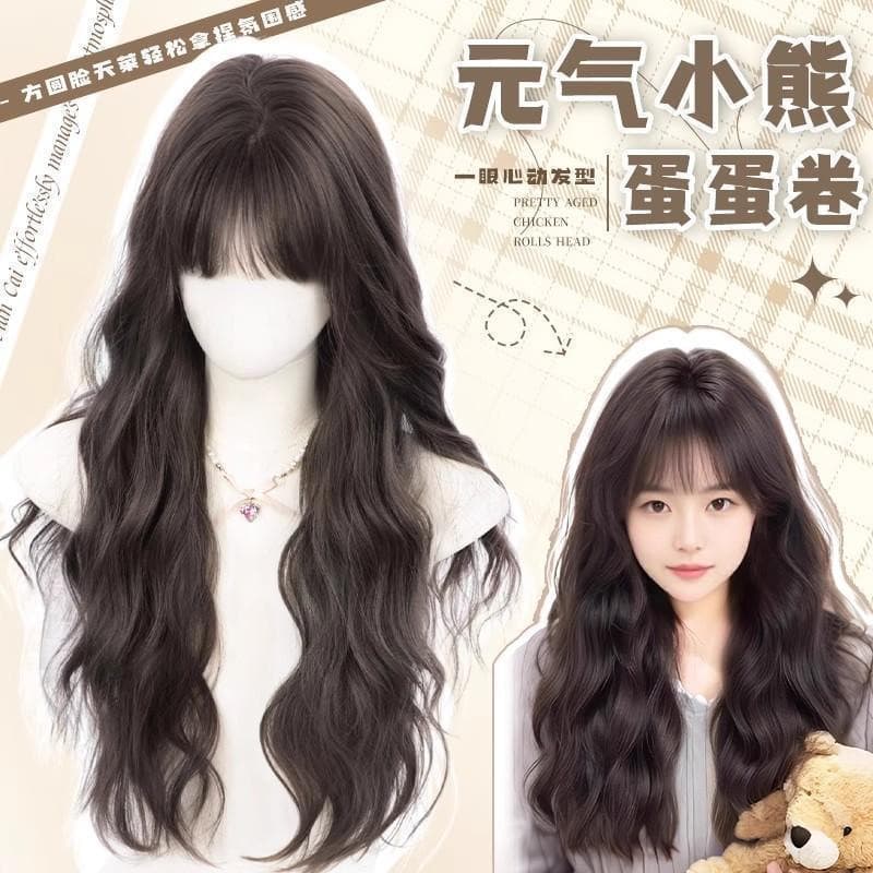 Wig female cold brown bangs sea ripple full headgear long curly hair realistic French water ripple artificial hair full headgear