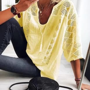 EU/US Cross-Border 2026 Spring New Women's Amazon Lace Hollow U-Neck Three-Quarter Sleeve T-Shirt Top
