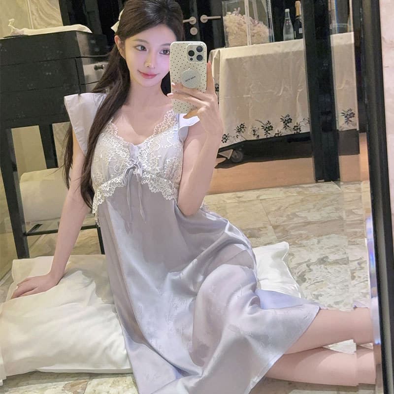 2025 New Summer Ice Silk Pajamas for Women French Lace Nightgown with Breast Pads Women's Thin Home Clothes