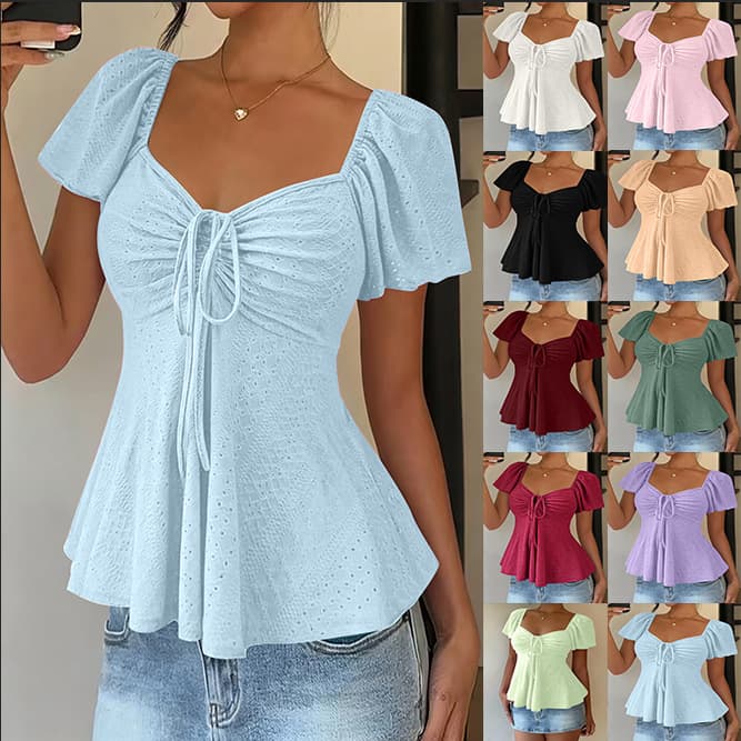 2026 Summer New Amazon TUME EU-US V-Neck Drawstring Sexy Short Sleeve Solid Color T-Shirt Women's Clothing