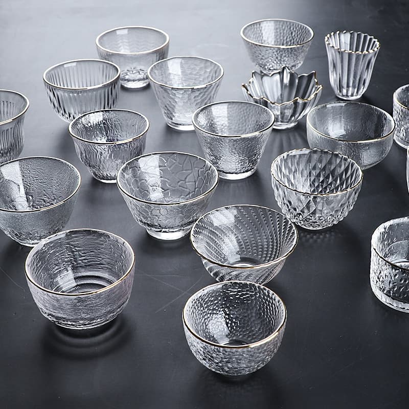 Minimalist Transparent Glass Gold-Rimmed Small Tea Cup, Hammered Pattern Tasting Cup, Host Cup, Small Tea Bowl, Gongfu Tea Set Wholesale