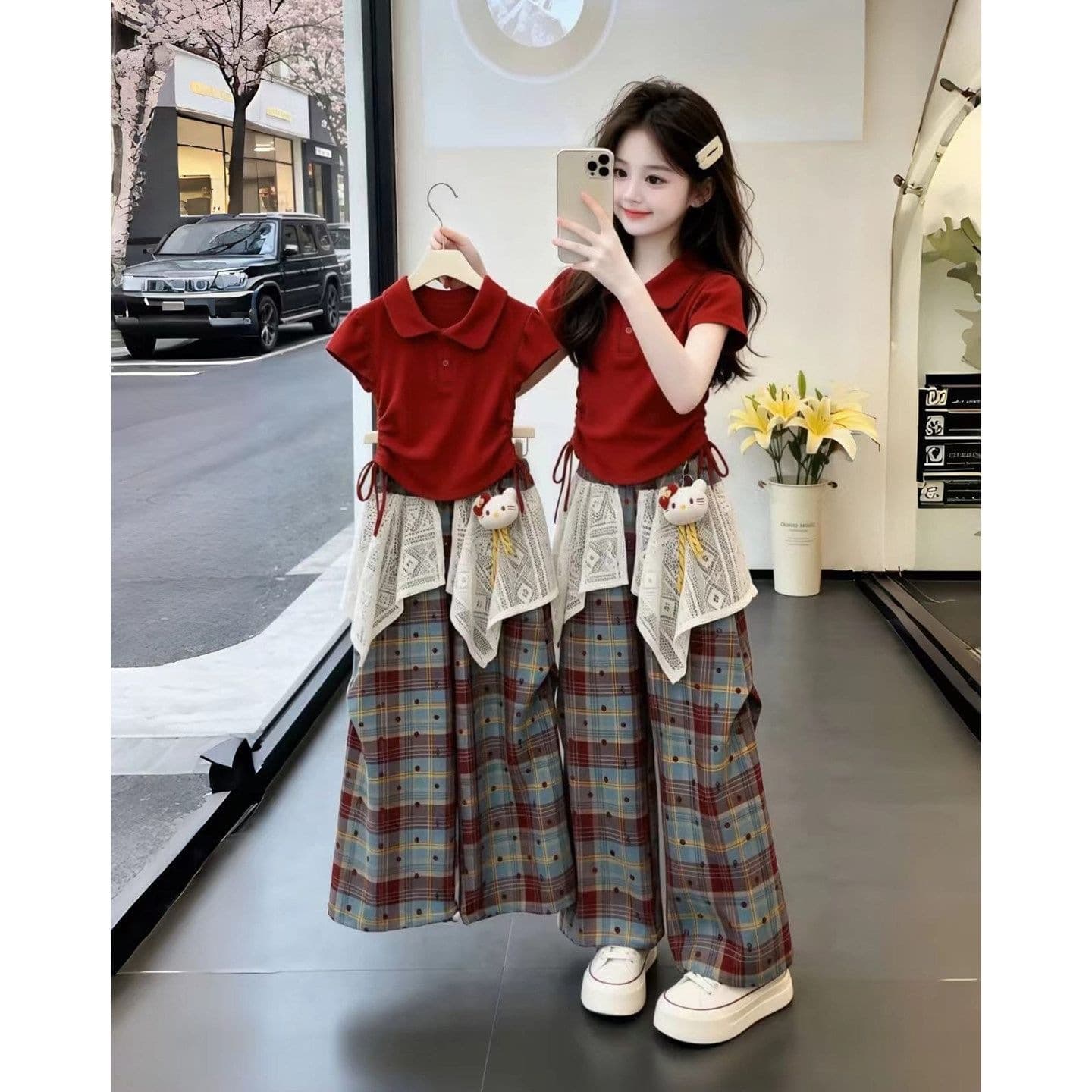 Girls' Casual Set Summer 2026 New Children's Fashion Top Girls' Summer Plaid Wide-Leg Pants Two-Piece Set