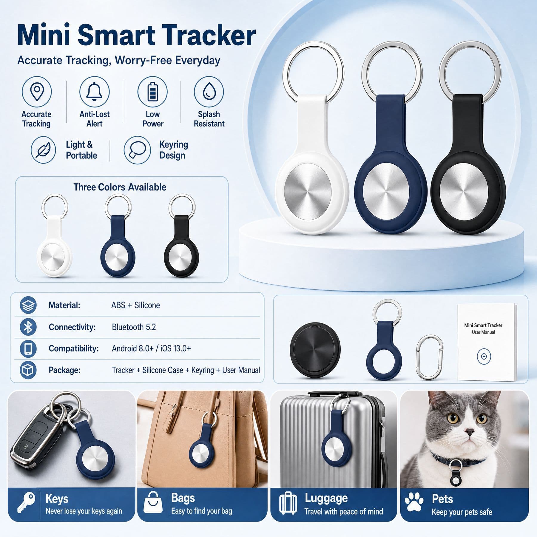Mini Pet Bluetooth Tracker for Dog Cat Smart Item Finder