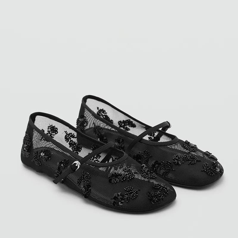 2025 Summer New Women's Shoes Round Toe Shallow Mouth Mary Jane Flats with Buckle Strap Beaded Mesh Ballet Flats
