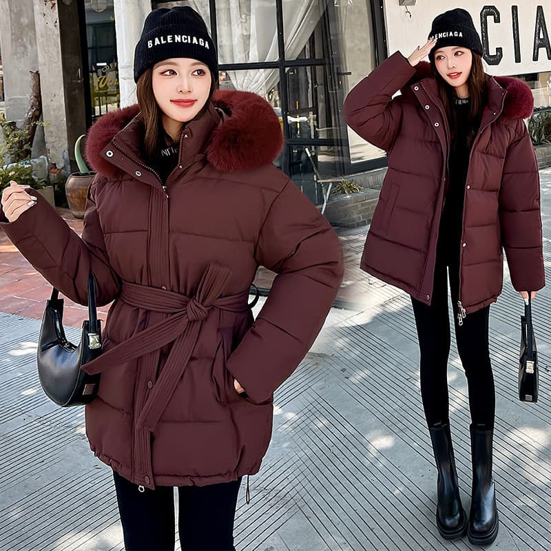 2025 New Down Cotton Coat Women's Mid-Length Waist-Tightening Slim Fit Cotton Jacket Winter Warm Fur Collar Cotton Coat