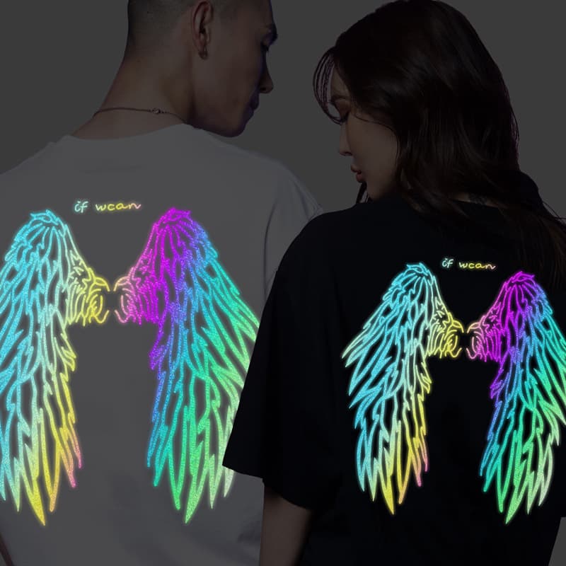 Laser Reflective Wing T-Shirt Summer New Ins Trend Hot Stamping Angel Wing Loose Short Sleeve Couple Unisex Tee
