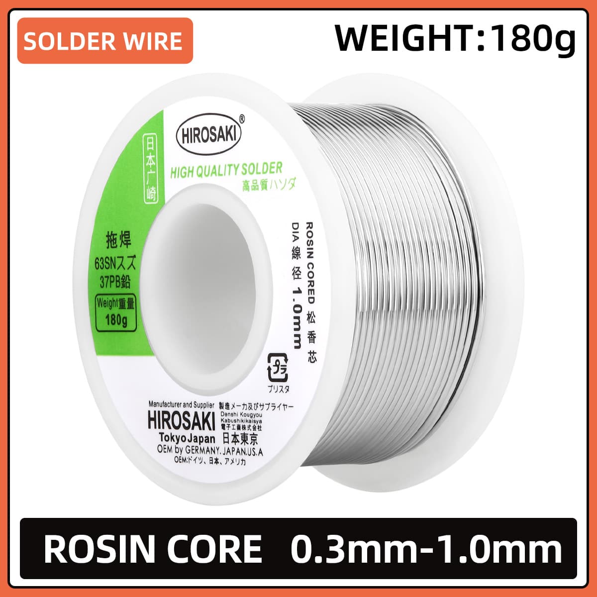 HIROSAKI TIN-LEAD SOLDER WIRE 180G SN63PB37 ROSIN CORE 63/37