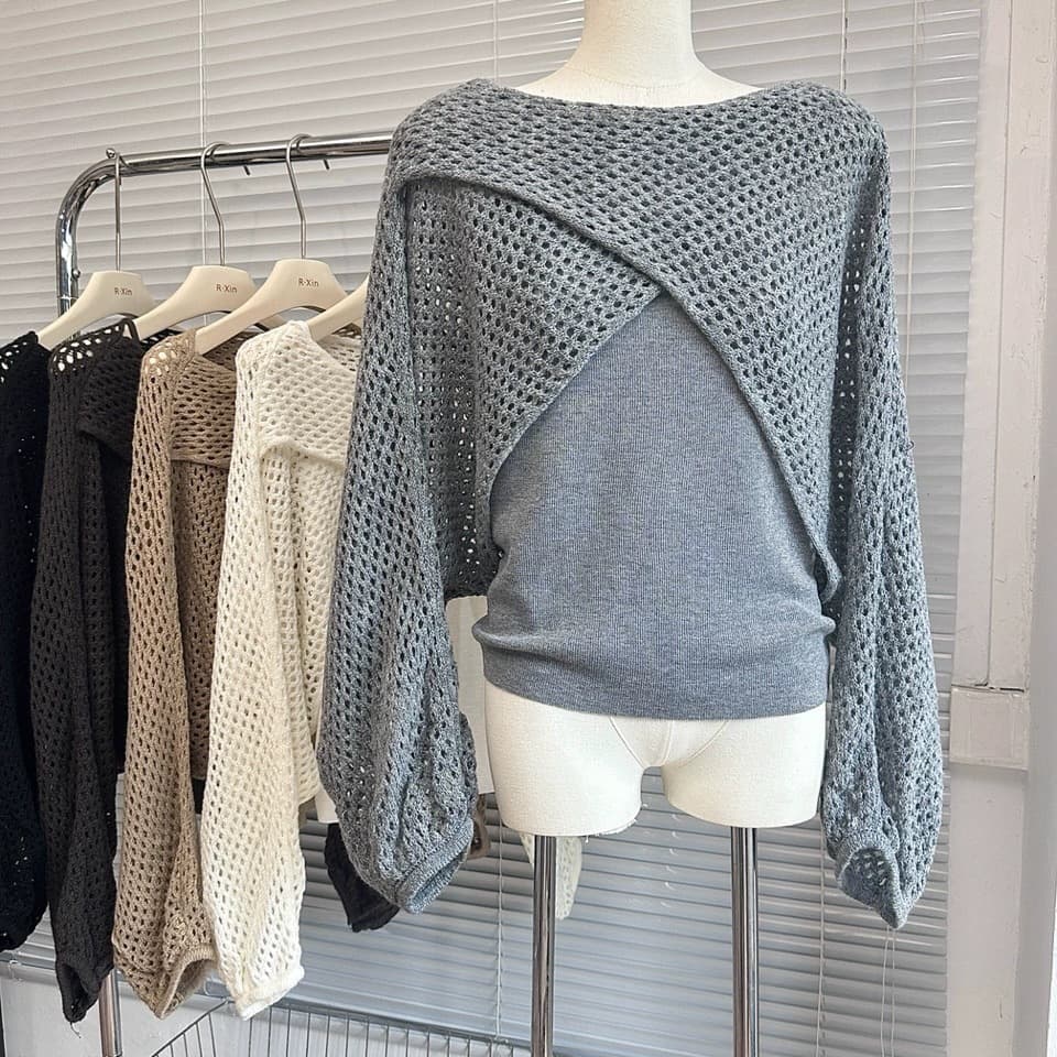 Korean Style Dongdaemun Versatile Camisole + Hollow Knit Long-Sleeve Cape Cover-Up Two-Piece Set for Women