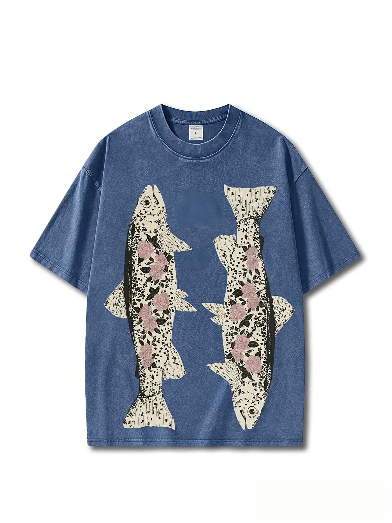 Washed cotton, fish and flowers printed T-shirt, batik cotton retro fashion brand T-shirt, unisex T-shirt